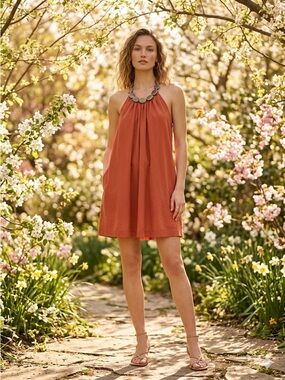 L8ter Y2K Rust Orange Halter Neck Mini Dress w/ Beaded Detail